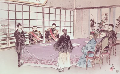 Die japanischen Minister I-Tso und Mou-Tsou diskutieren mit dem chinesischen Gesandten Ri-Ko-Sho die Bedingungen des Shimonoseki-Waffenstillstands, 16. April 1895